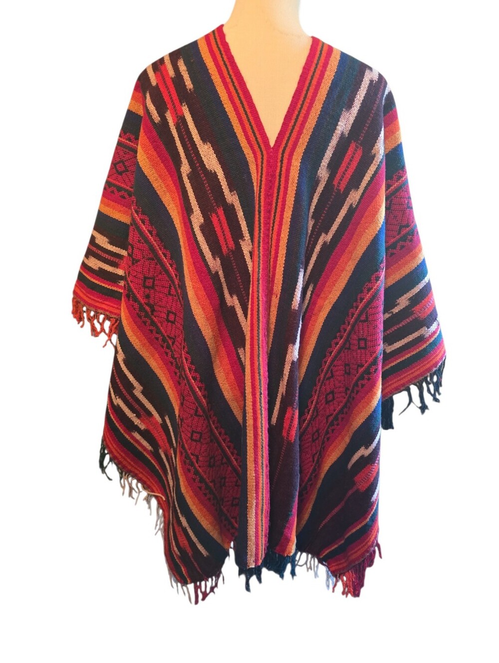 Hand Loomed Wool Red Multicolor Southwestern Poncho -